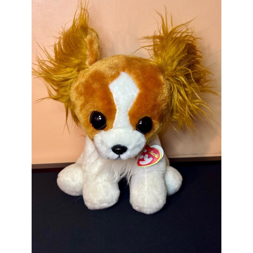 Ty Classic Barks Papillon Dog Plush Tan White Stuffed Animal 9" 2004 Ear Tag